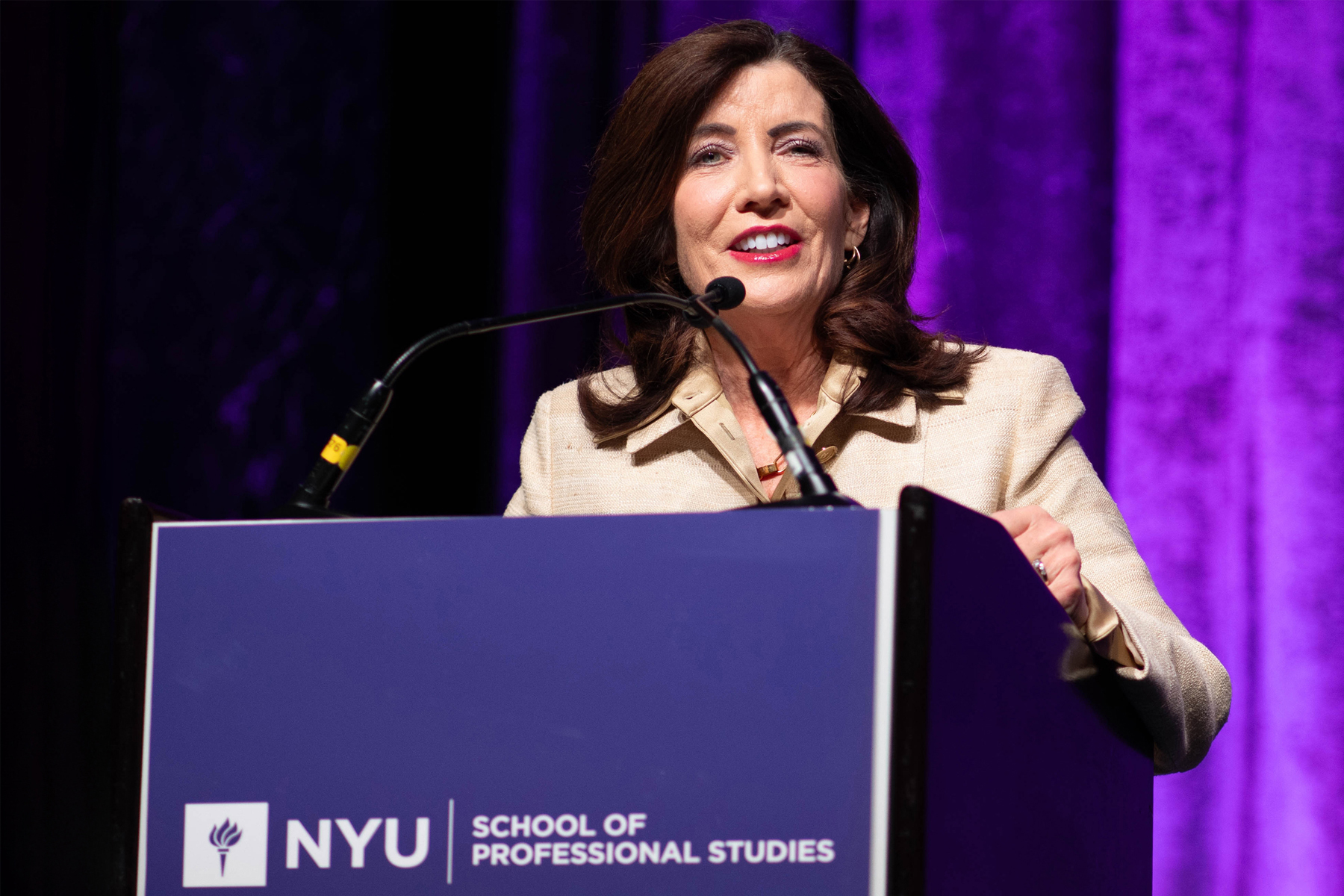 New York Governor Kathy Hochul addresses a room at the NYU SPS Annual Conference on Capital Markets in Real Estate.