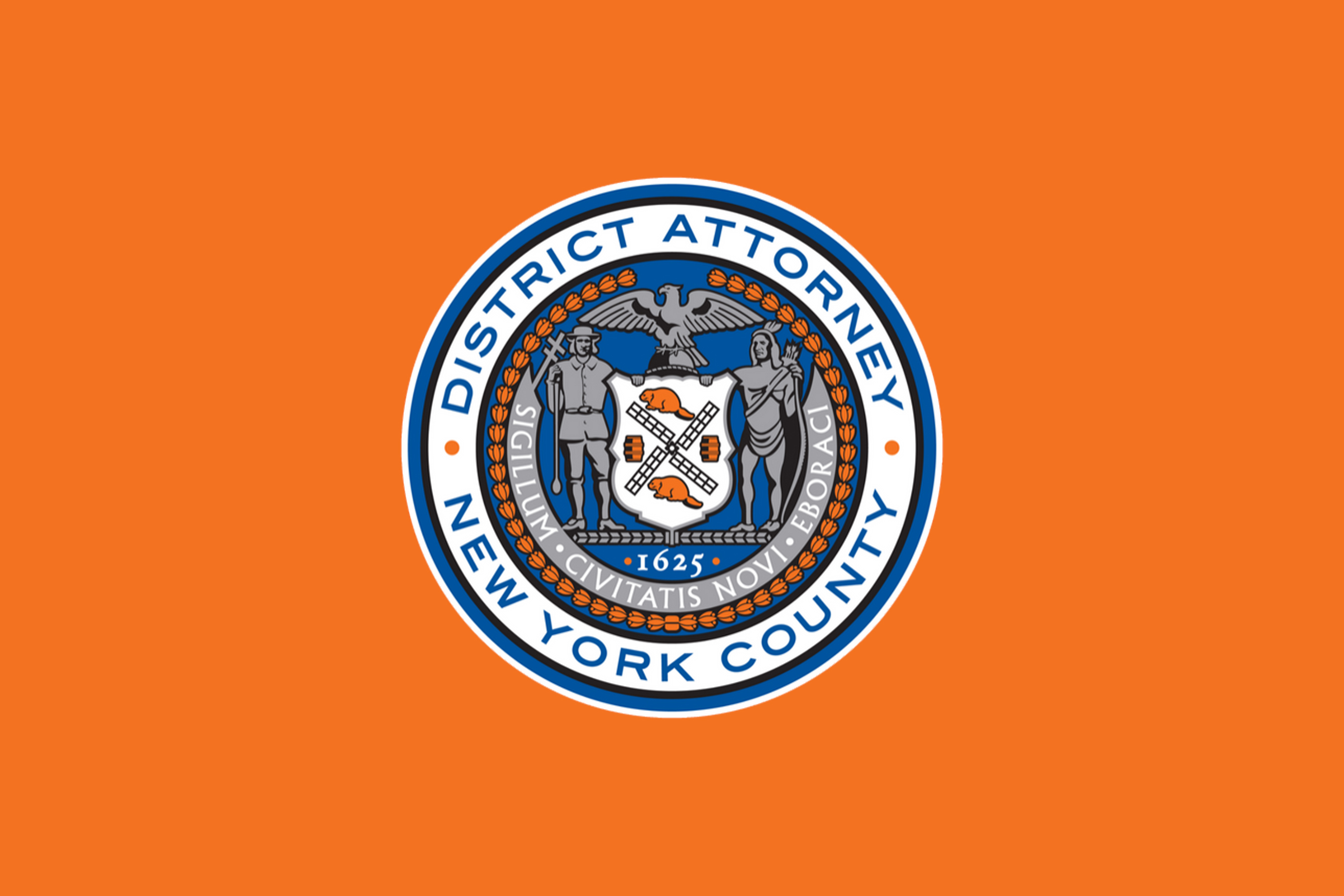 The Manhattan District Attorney's office seal over an orange background.