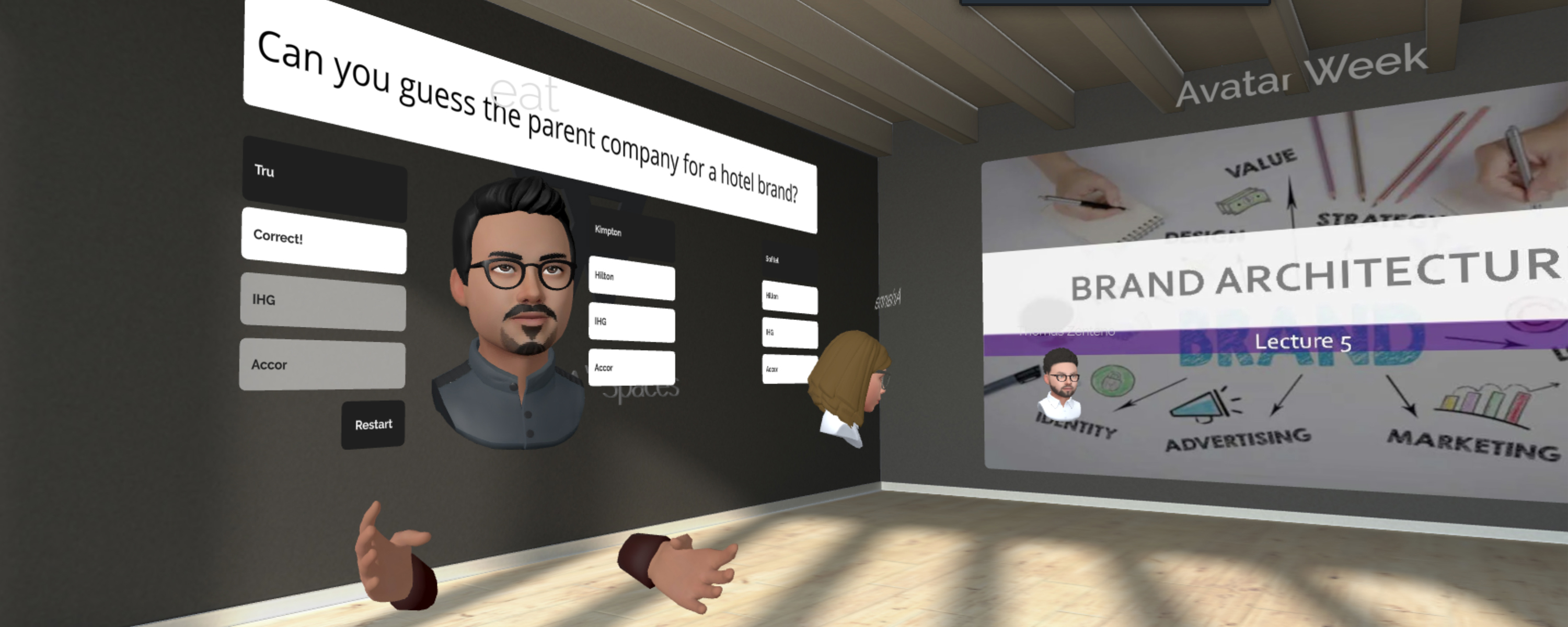 A graphic rendering of multiple hospitality concepts, including a lifelike human hovering between various answers to a prompt: "Can you guess the parent company for a hotel brand?"