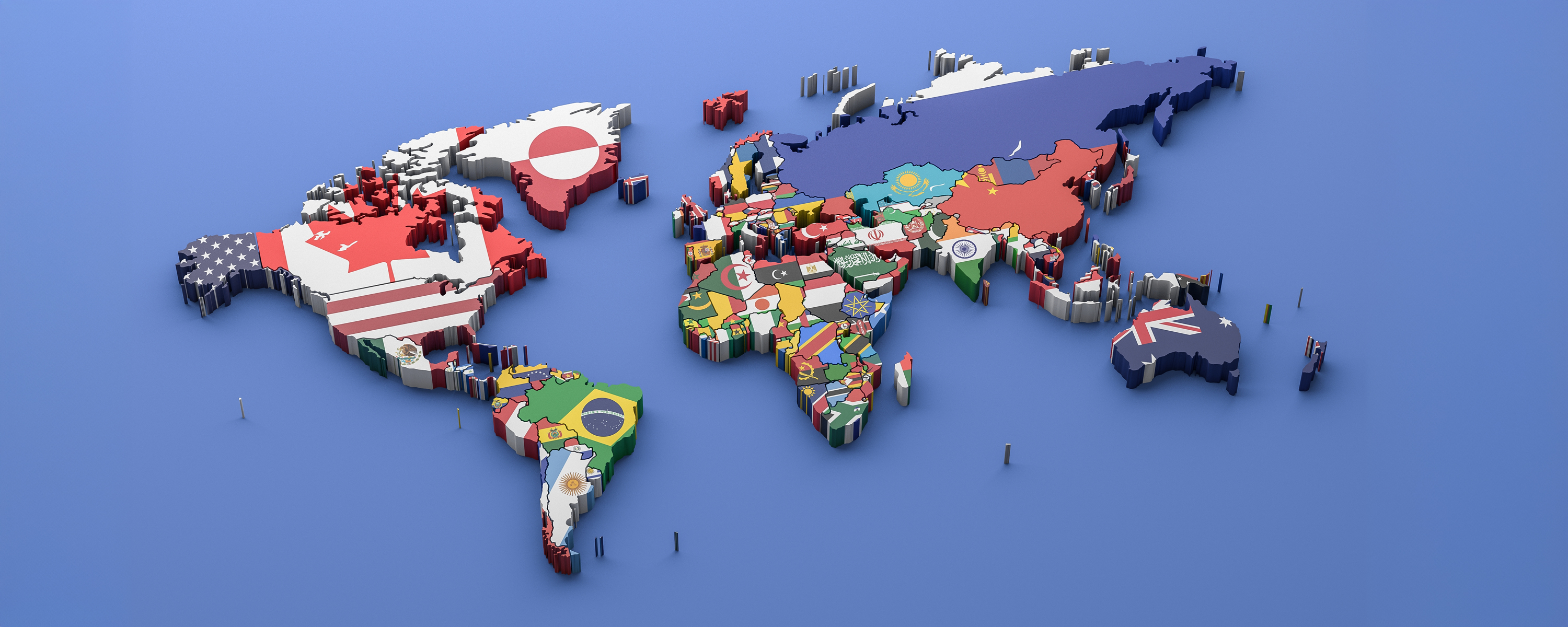 A world map with flags distinugishing each country